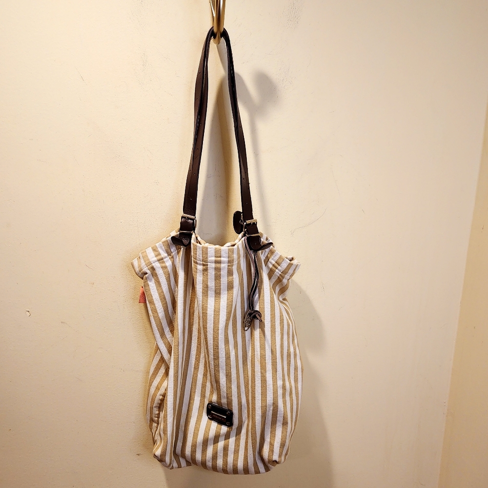 Striped Canvas Tote Bag with Brown Handles